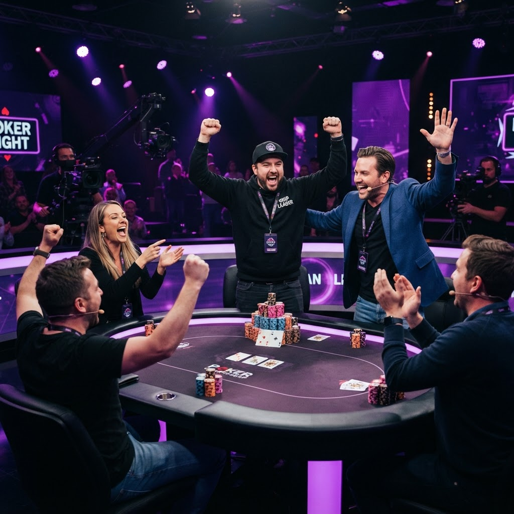 Players celebrating at a High Stakes Poker broadcast